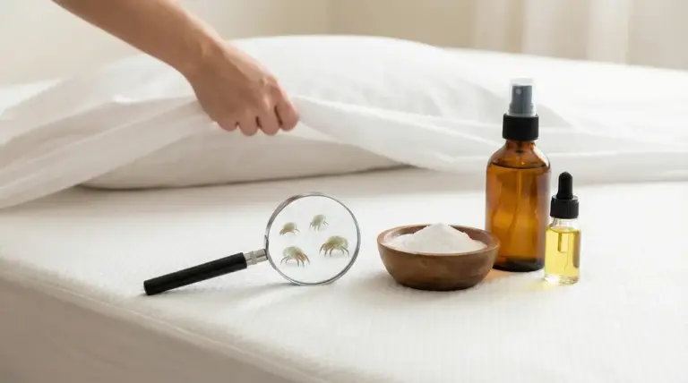 Rimedio naturale contro gli acari su un materasso con oli essenziali e bicarbonato