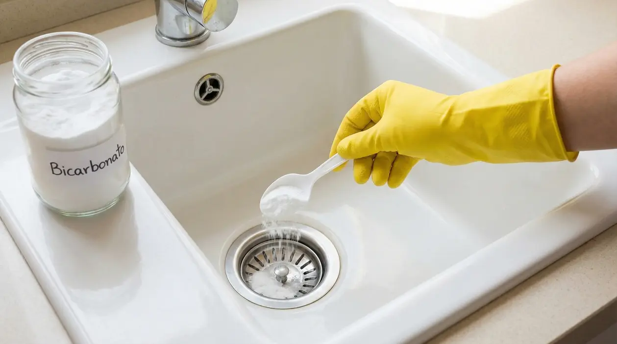 Mano con guanto giallo versa bicarbonato nel lavandino per eliminare i cattivi odori