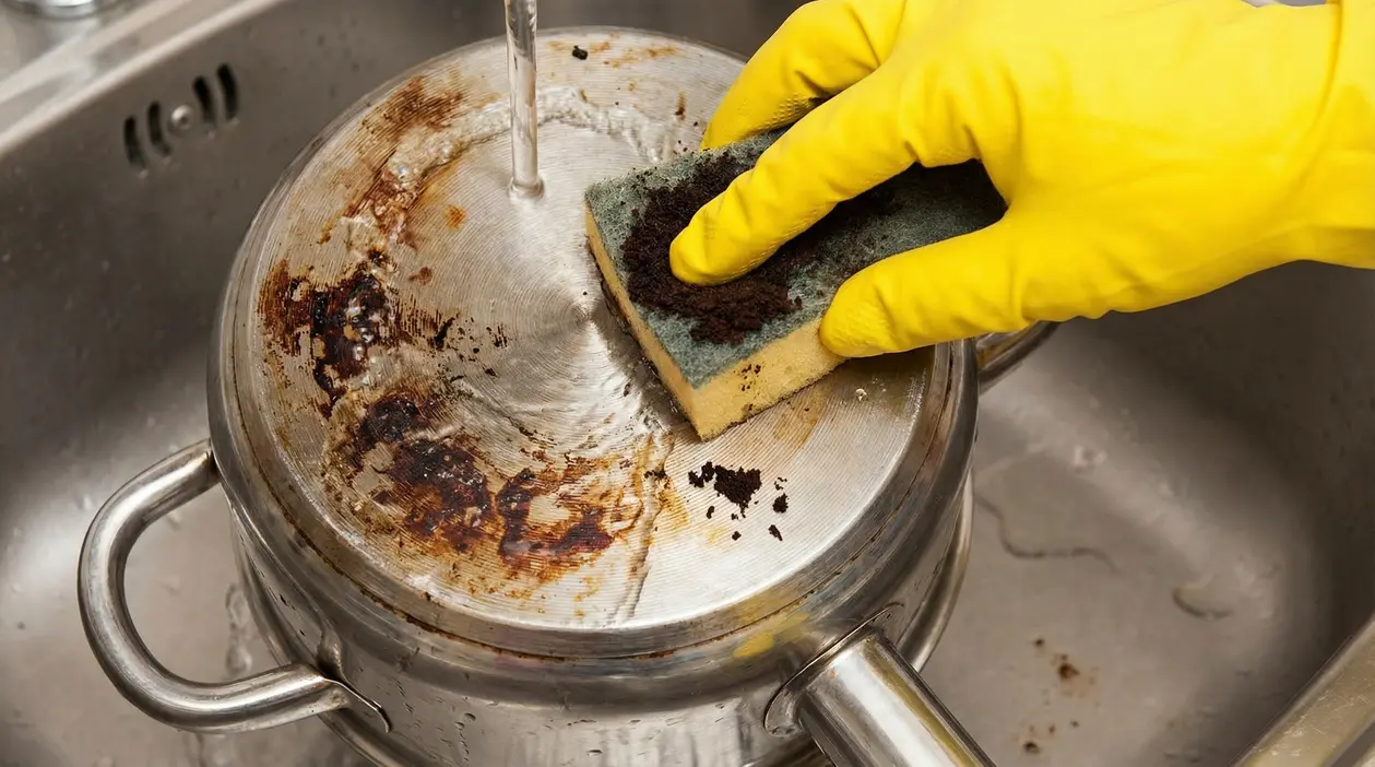 Pulizia di una pentola incrostata con una spugna e fondi di caffè