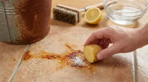 Mano che utilizza una patata con sale per pulire una macchia di ruggine su una piastrella.