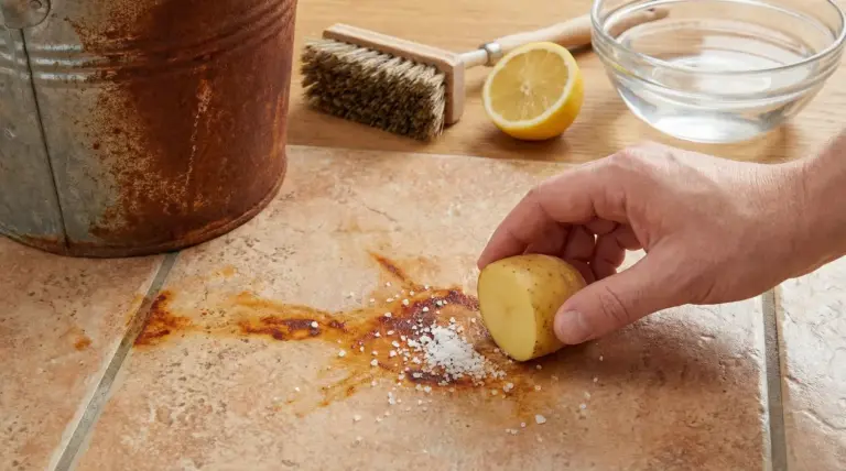 Mano che utilizza una patata con sale per pulire una macchia di ruggine su una piastrella.