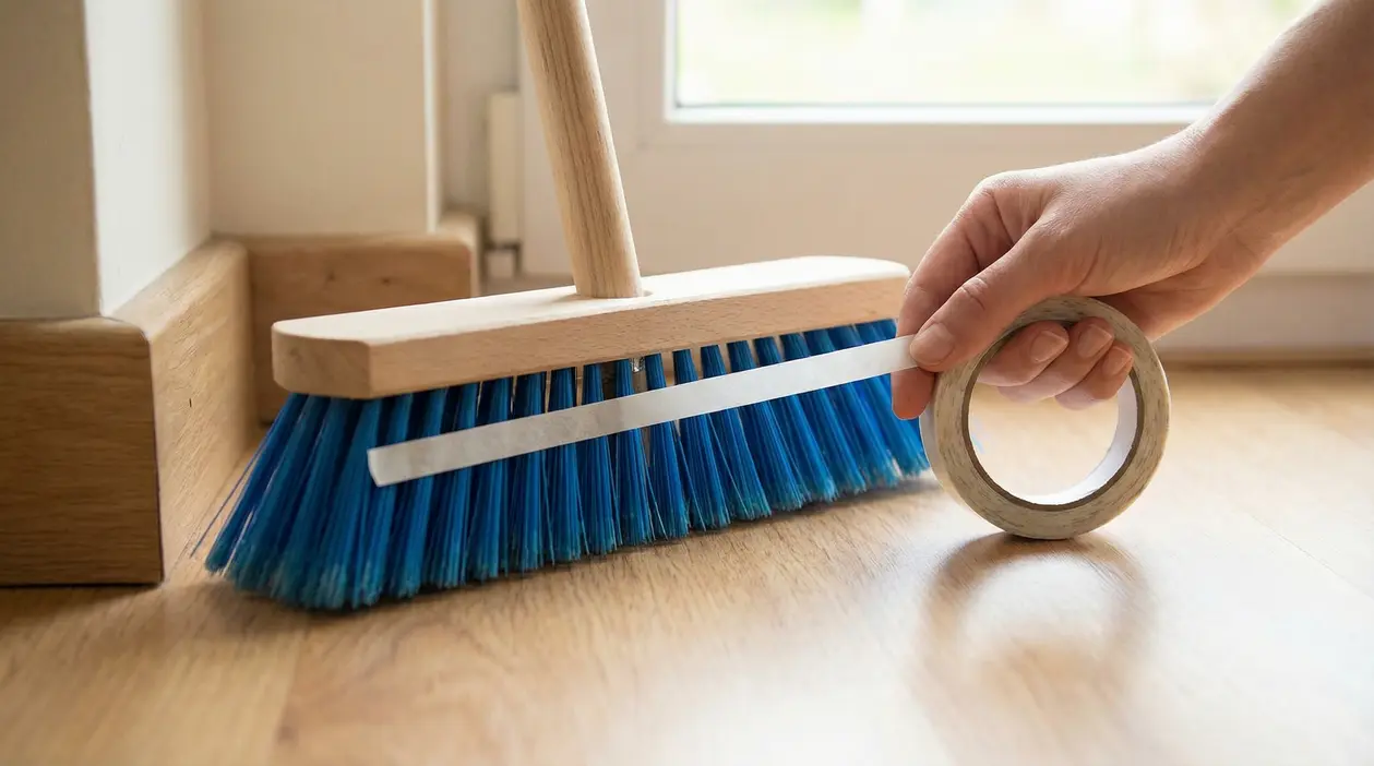 Mano che applica nastro biadesivo su una scopa con setole blu su pavimento in legno