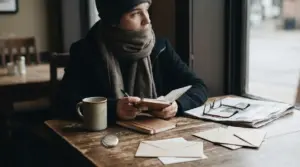 Persona seduta in un bar che scrive su un taccuino con una tazza e lettere sul tavolo