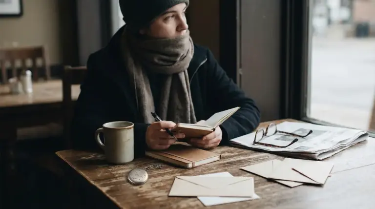 Persona seduta in un bar che scrive su un taccuino con una tazza e lettere sul tavolo