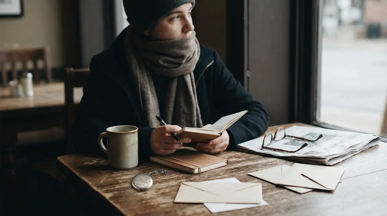 Persona seduta in un bar che scrive su un taccuino con una tazza e lettere sul tavolo