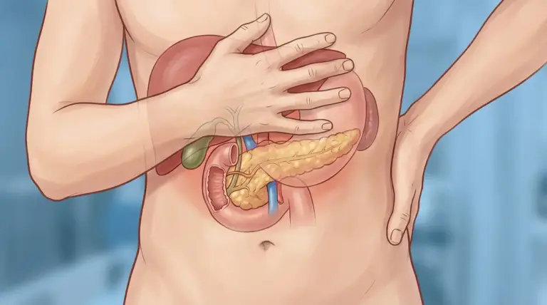 Illustrazione di un corpo umano con focus sul pancreas e gli organi circostanti