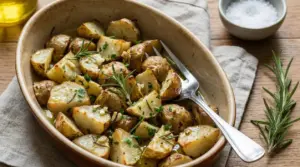 Topinambur al forno tagliato a pezzi con erbe aromatiche in una pirofila di ceramica