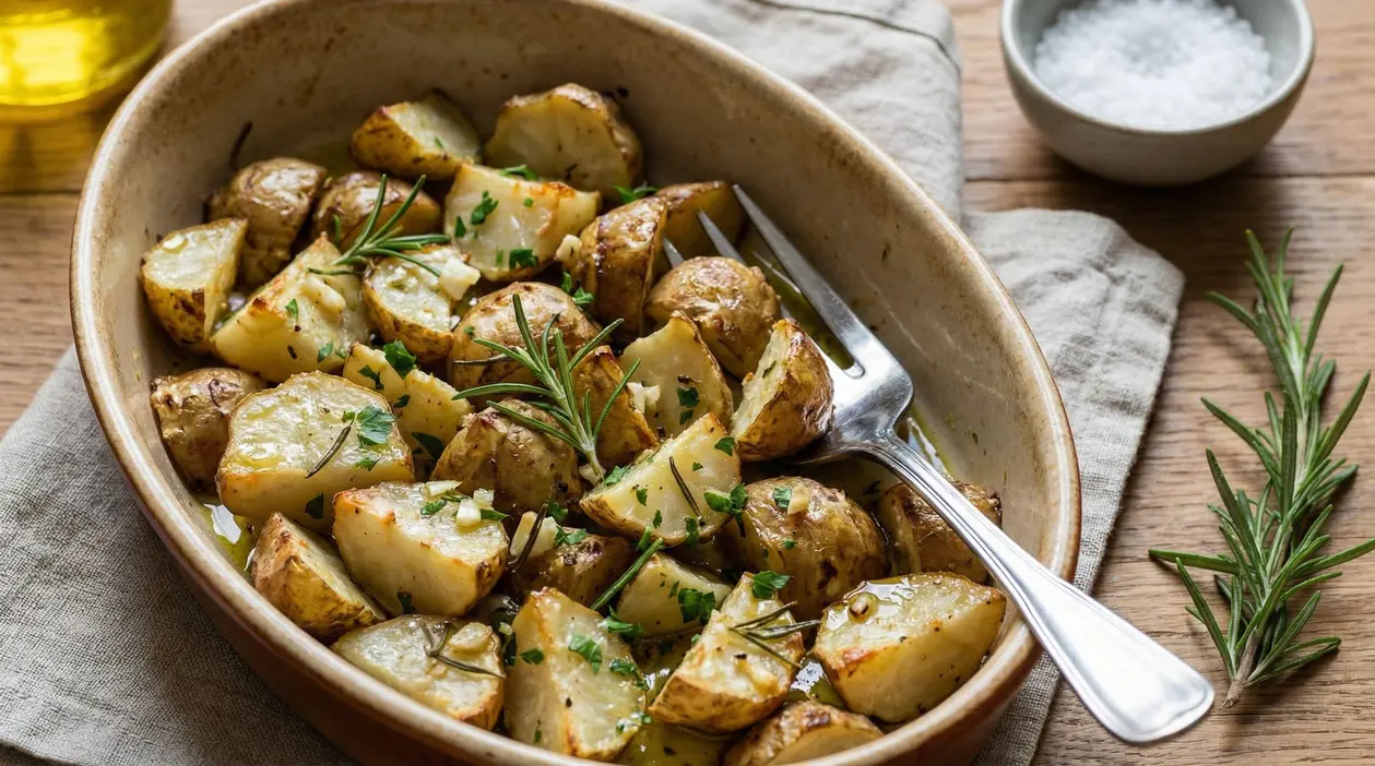 Topinambur al forno tagliato a pezzi con erbe aromatiche in una pirofila di ceramica
