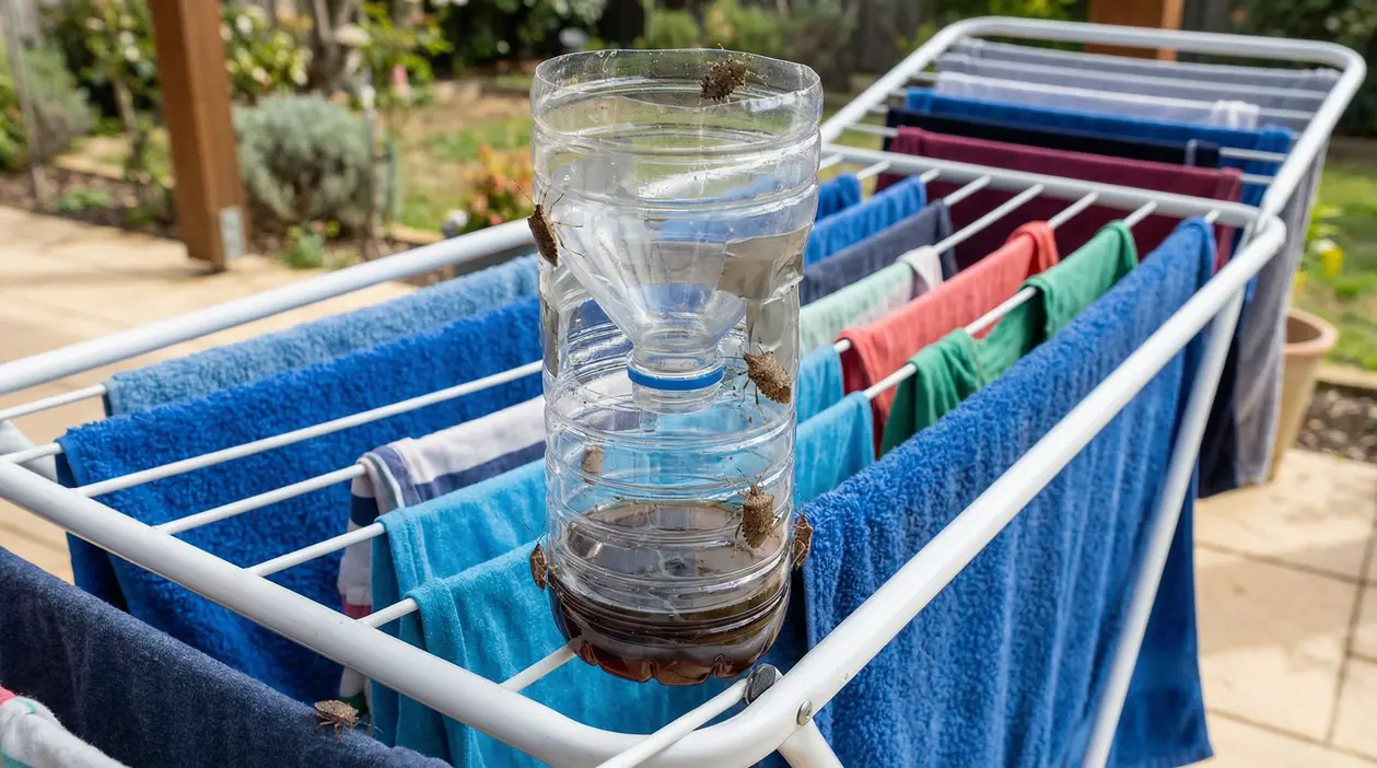 Trappola per cimici fatta con una bottiglia di plastica su uno stendibiancheria all'aperto