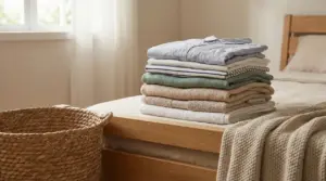 Vestiti e asciugamani piegati su un letto accanto a un cesto di vimini