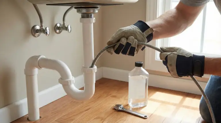 Persona pulisce il tubo di scarico sotto un lavandino con una sonda flessibile