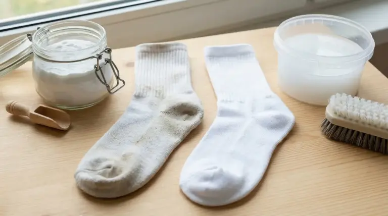 Due calzini, uno sporco e uno pulito, con prodotti per la pulizia su un tavolo di legno