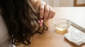 Una mano cerca di rimuovere una gomma da masticare dai capelli con olio e ghiaccio sul tavolo