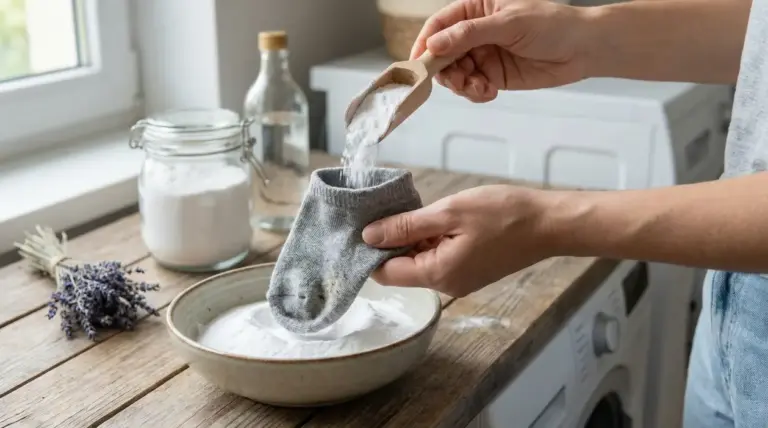 Una persona versa del bicarbonato in un calzino sopra una ciotola in una lavanderia