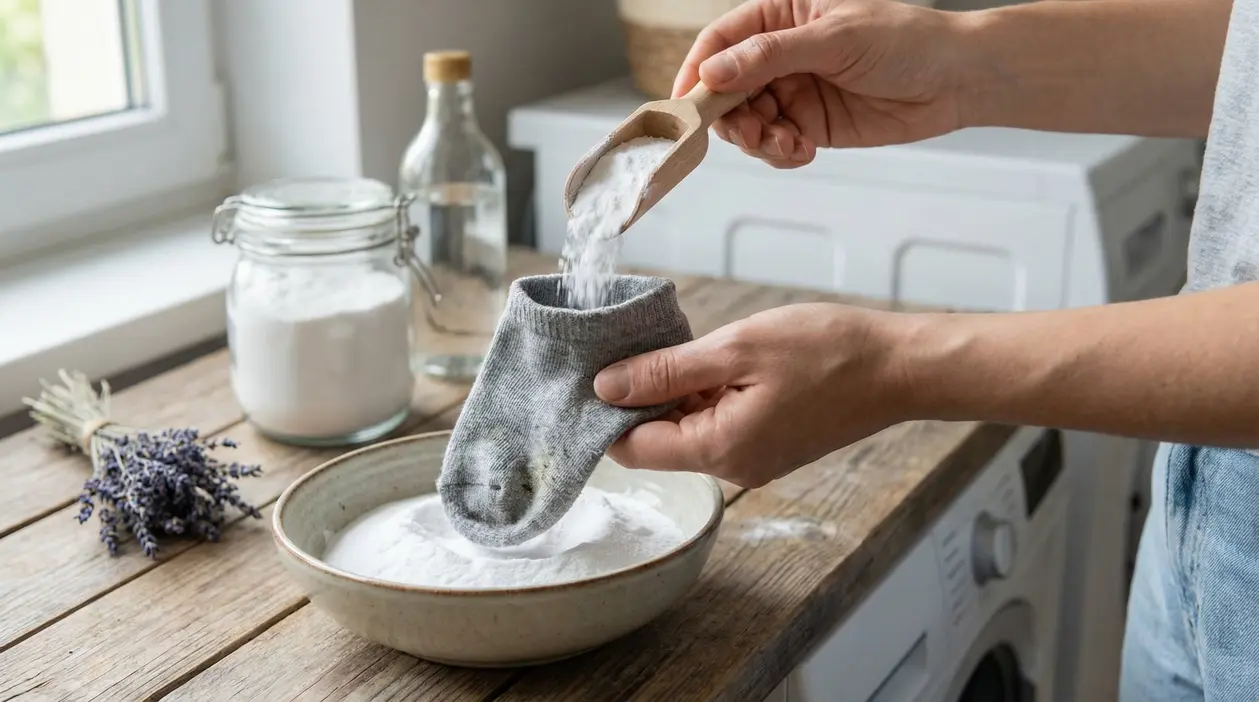 Una persona versa del bicarbonato in un calzino sopra una ciotola in una lavanderia