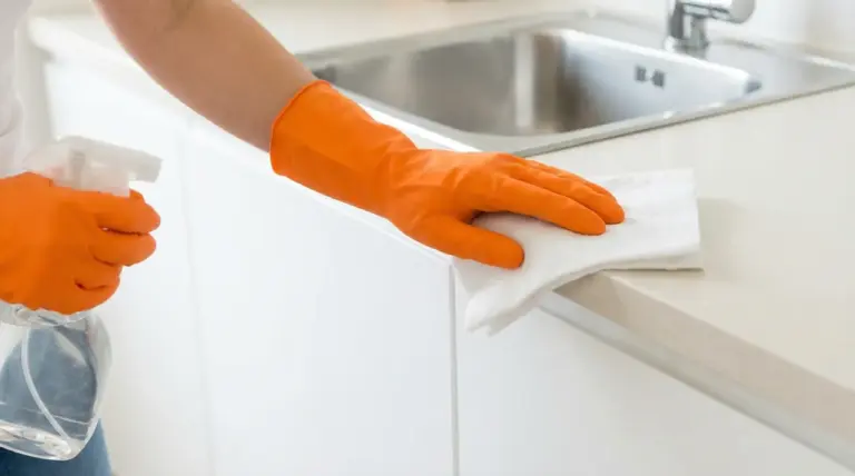 Una persona pulisce il piano cucina con un panno e guanti arancioni