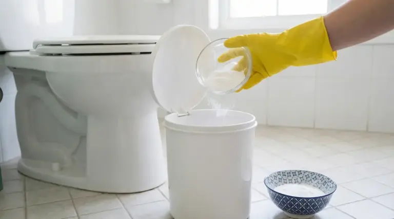 Una mano con guanto giallo versa bicarbonato in un cestino da bagno vicino a un WC