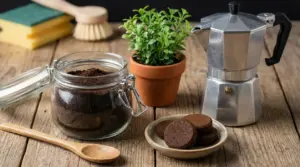 Fondi di caffè in barattolo di vetro accanto a moka, piantina e utensili da cucina su tavolo di legno