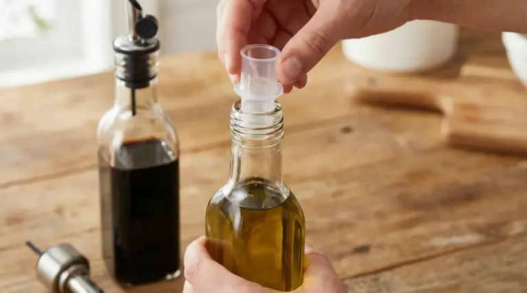 Mano inserisce un componente in plastica in una bottiglia di olio su un tavolo di legno