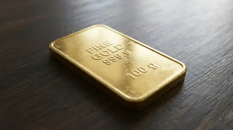 Lingotto d'oro da 100 grammi poggiato su una superficie in legno scura