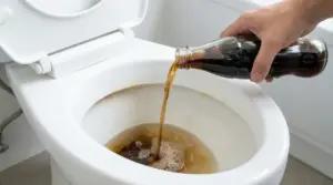 Una mano versa cola in un water con incrostazioni di calcare visibili.